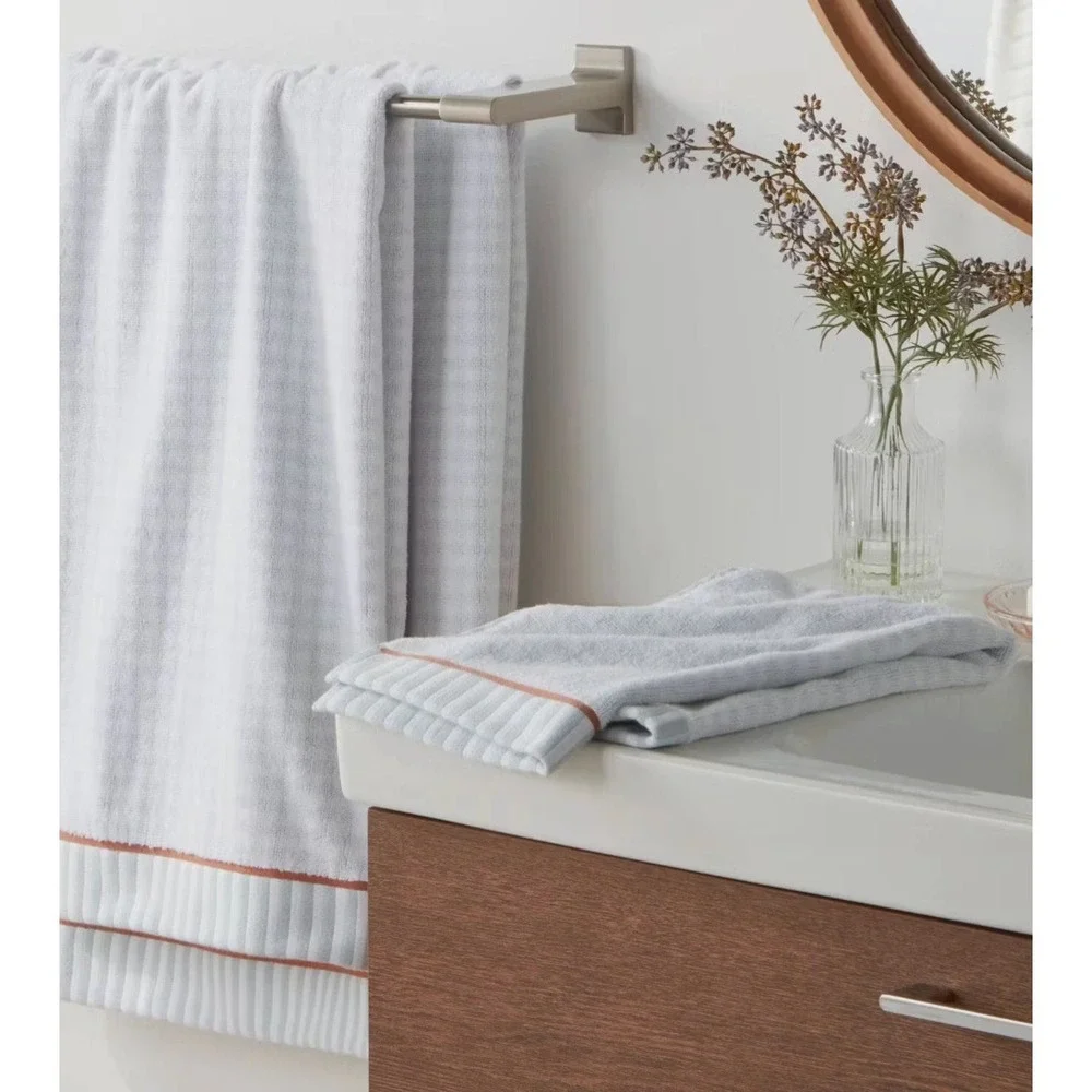 NWT Threshold 2PC 100% Cotton Bath Towel Traditional Gingham Plaid Blue/White‎